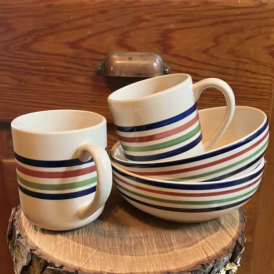 ADKation Life | Striped two bowl and mug set reflecting available home goods in our online store that evoke soothing Adirondack camp and cottage esthetics. | A thoughtful ADK gift or souvenir for those that enjoy Adirondack living.