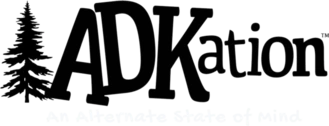 Silhouette of a pine tree with the text "ADKation" identifying fun ADK vacation merchandise, ADK vacation souvenirs and ADK vacation gifts.