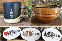 Cottage classic mug, bowl, stickers, and magnets with the text "ADKation" for a personal gift or souvenir to Adirondack vacation moments and memories.