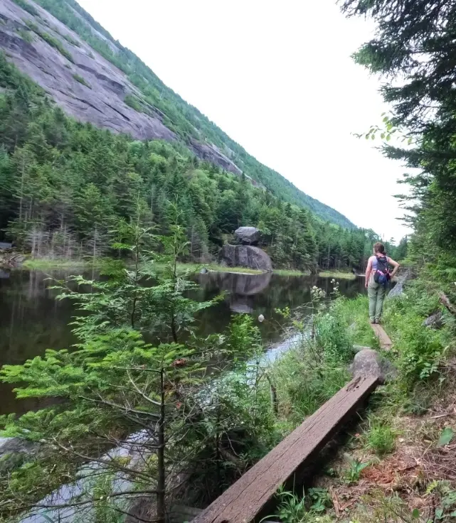 ADK vacation hike to Avalanche Lake in the High Peaks of the Adirondack Mountains of New York State, USA.